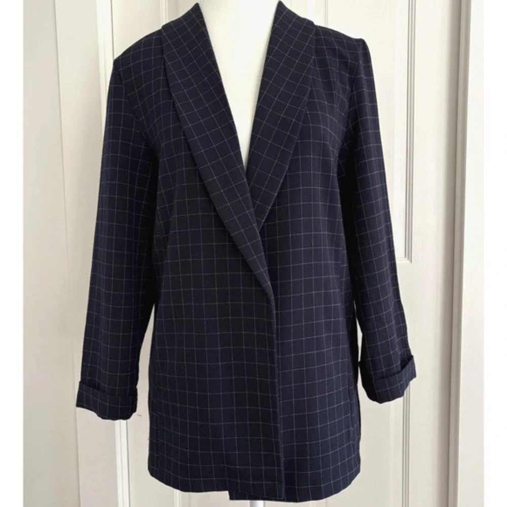 RACHEL‎ ZOE Open Front Knit Blazer Jacket Navy Blue Windowpane Check Preppy S